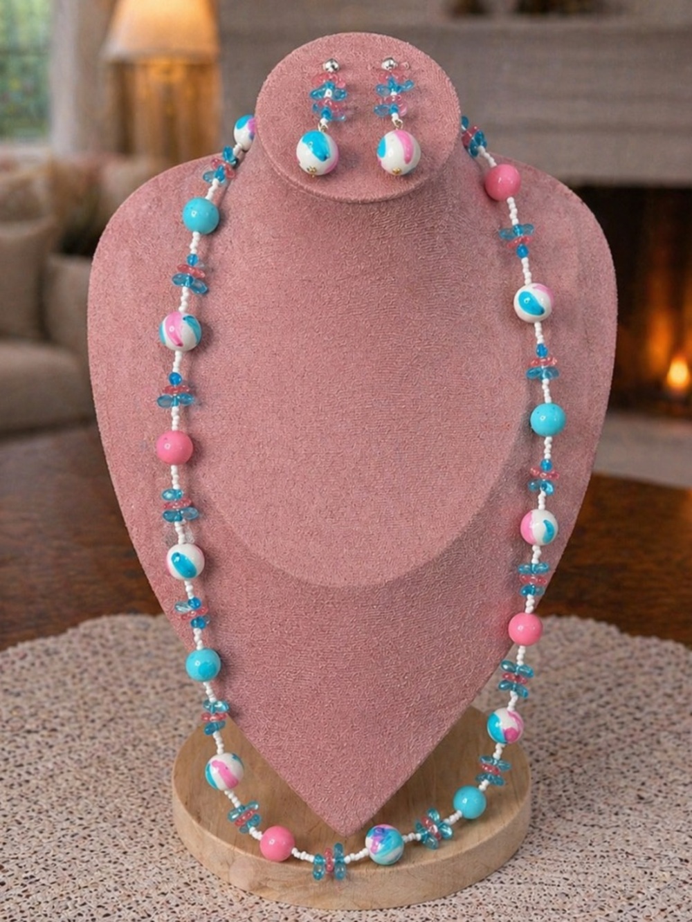 Vintage Japanese Hand Painted Art Glass Necklace & Earrings Set